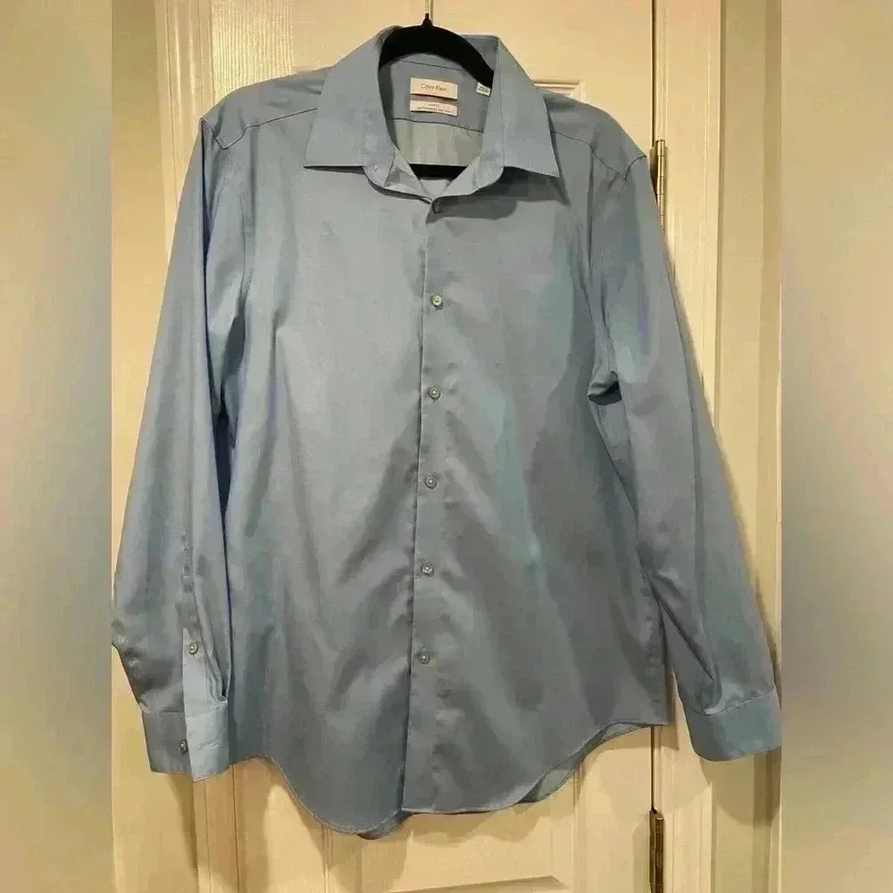 Calvin Klein Men’s Slim Fit Performance Non Iron Blue Cotton Dress Shirt Size 16
